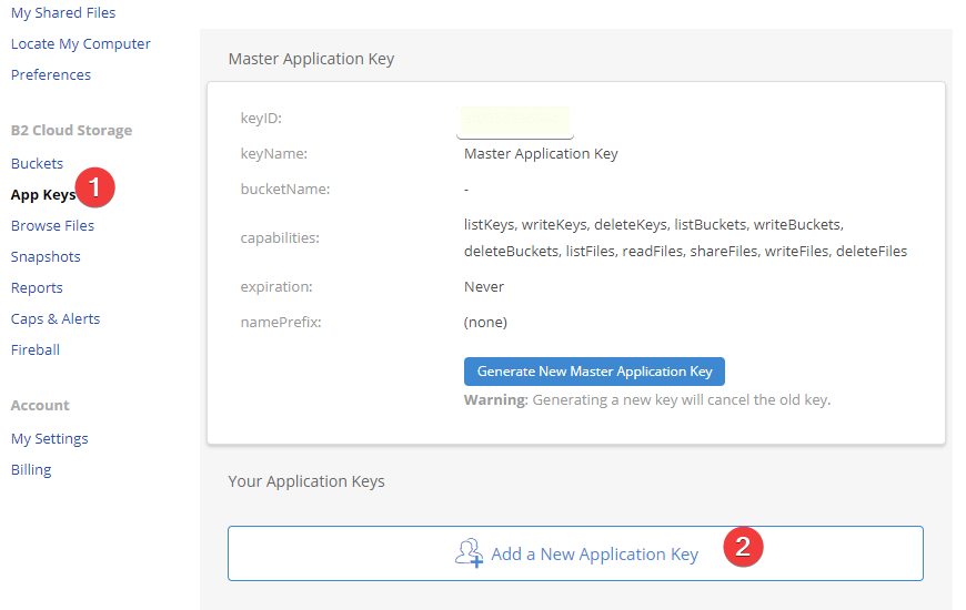 Добавляем новый New Application Key в backblaze