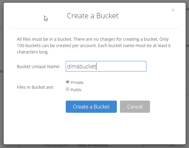 Создаём новый bucket в сервисе backblaze